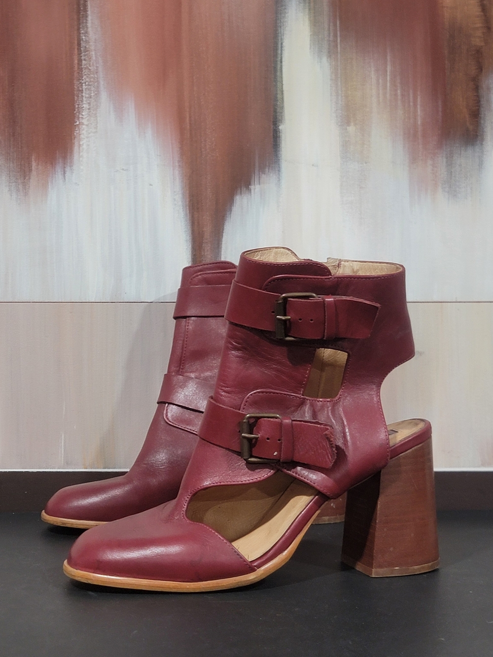 Topshop Burgundy Cutout Leather Block Heel Booties